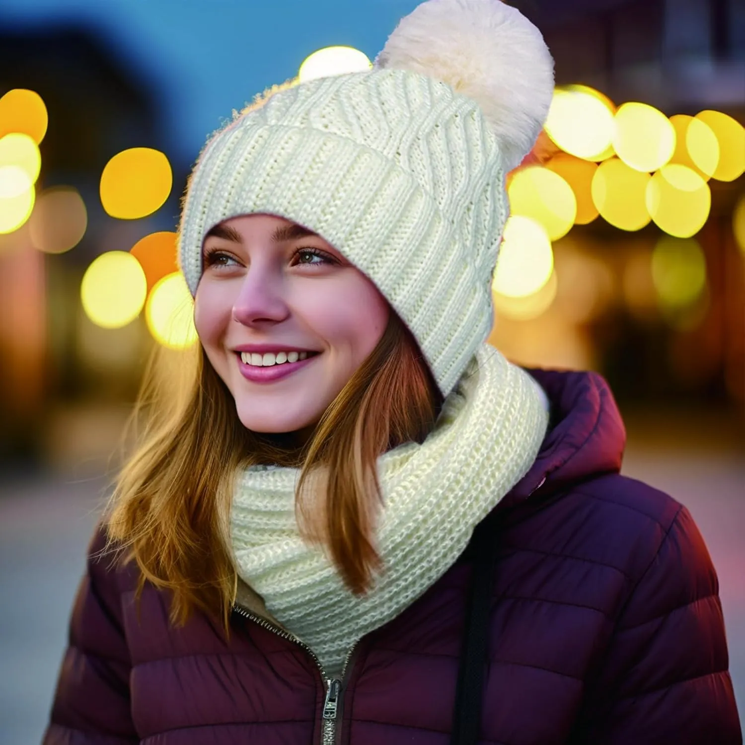 1/2/3 Pcs Womens Winter Warm Knit Beanie Hat with Fleece Lined/Neck Warmer Long Scarf/Touchscreen Gloves Set