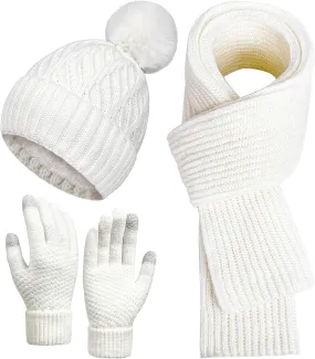 1/2/3 Pcs Womens Winter Warm Knit Beanie Hat with Fleece Lined/Neck Warmer Long Scarf/Touchscreen Gloves Set