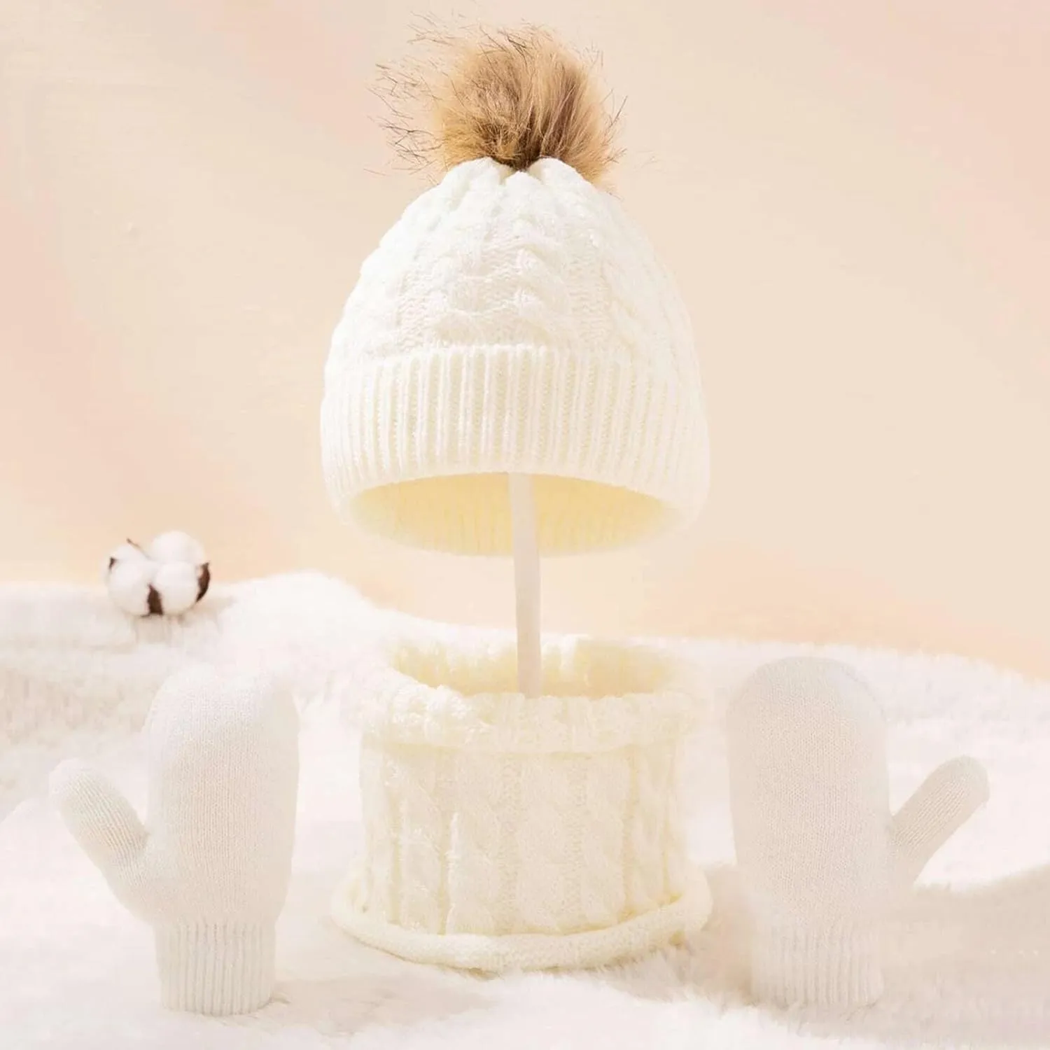 3 Pcs Kids Winter Knitted Beanie Hat Scarf Gloves Set Pompoms Knitted Beanie Mitten Scarves Fleece Lined