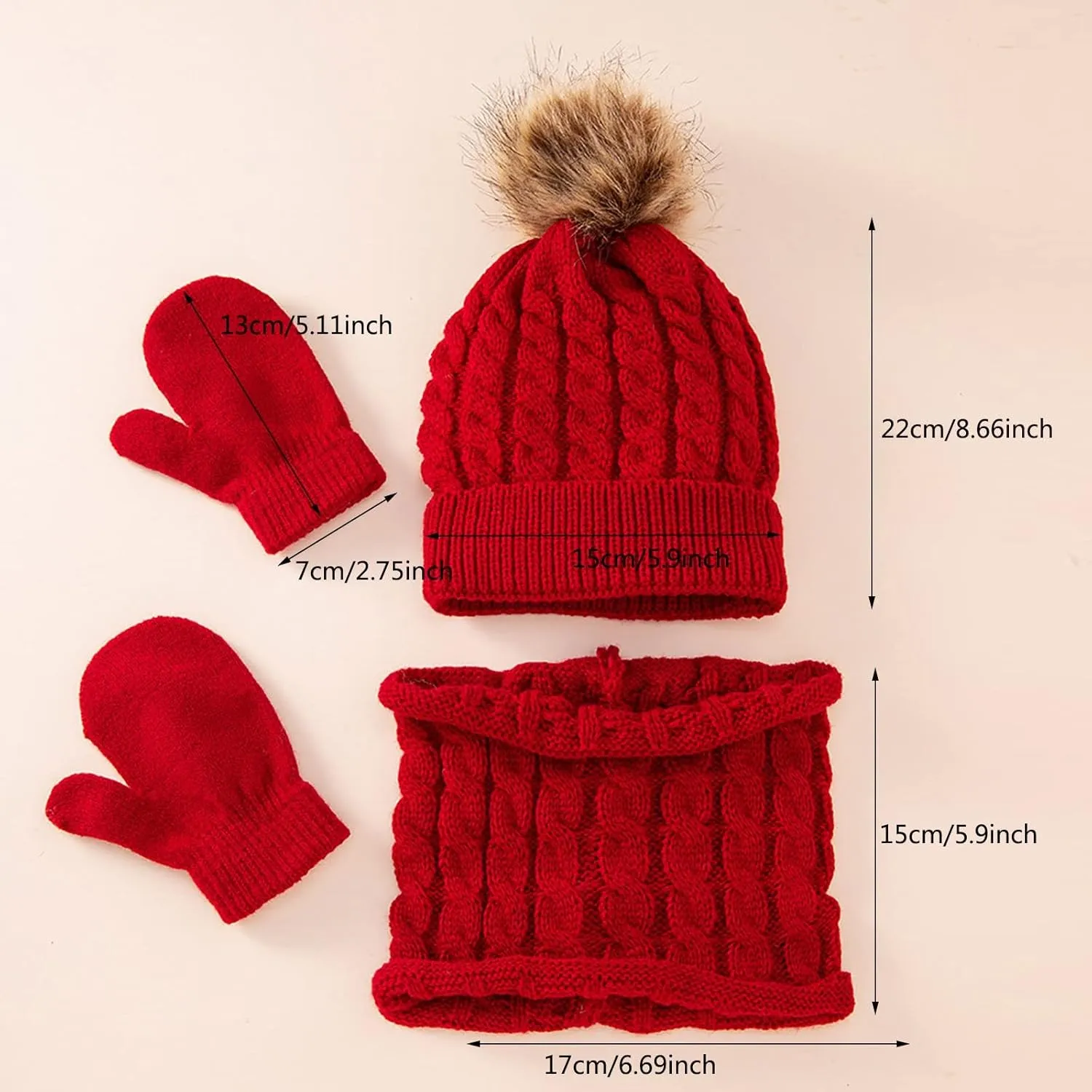 3 Pcs Kids Winter Knitted Beanie Hat Scarf Gloves Set Pompoms Knitted Beanie Mitten Scarves Fleece Lined