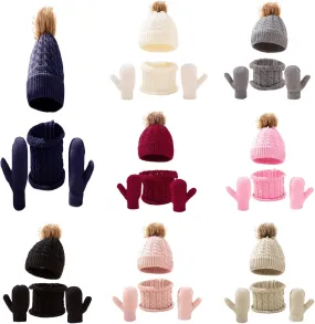 3 Pcs Kids Winter Knitted Beanie Hat Scarf Gloves Set Pompoms Knitted Beanie Mitten Scarves Fleece Lined