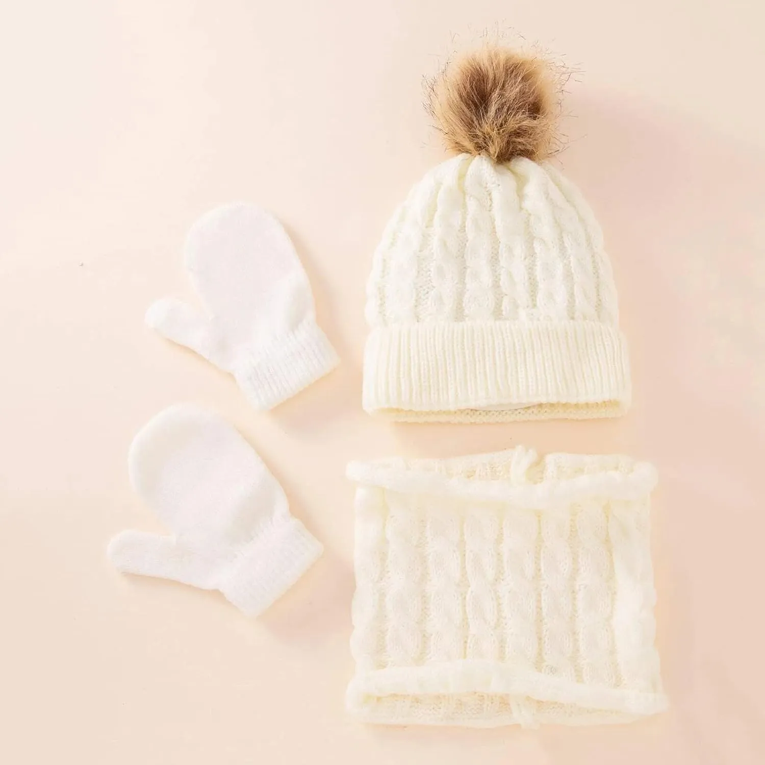 3 Pcs Kids Winter Knitted Beanie Hat Scarf Gloves Set Pompoms Knitted Beanie Mitten Scarves Fleece Lined