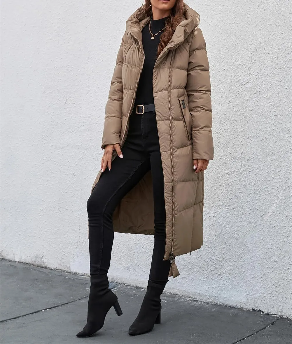 Adhdyuud Women Winter Long Thick Down Jacket Slim Fit Hooded Puffer Warm Cotton Parka Coat