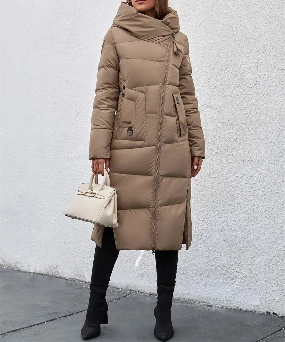 Adhdyuud Women Winter Long Thick Down Jacket Slim Fit Hooded Puffer Warm Cotton Parka Coat