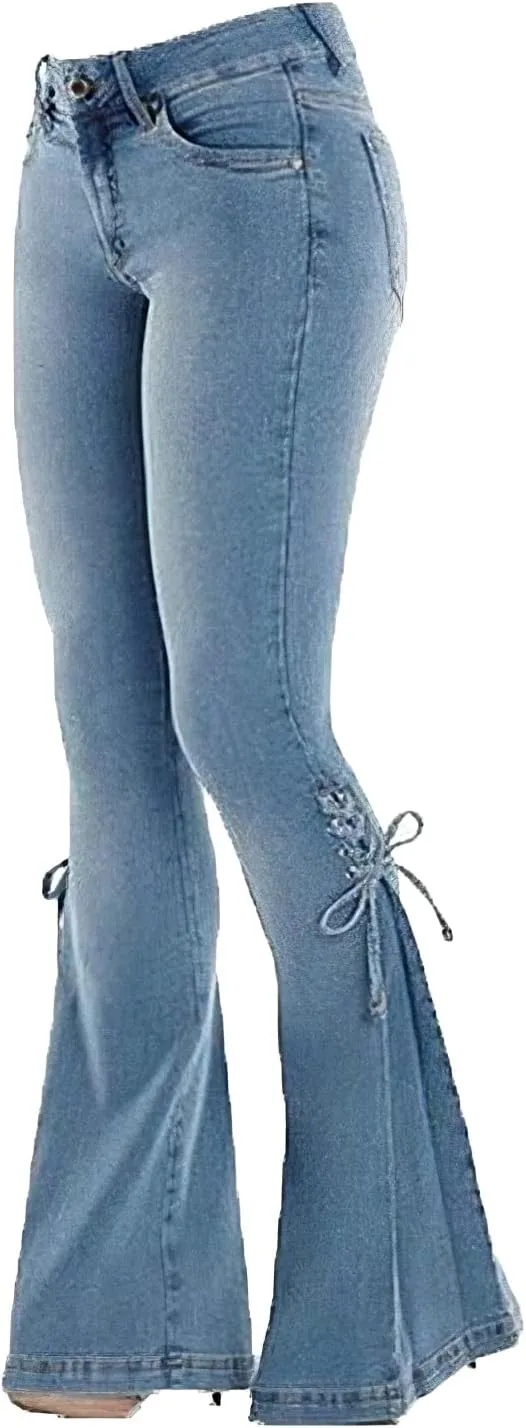 Akivide Women's Plus Size Bell Bottom Jeans Stretchy High Waisted Lace Up Flare Denim Pants Skinny Stretch