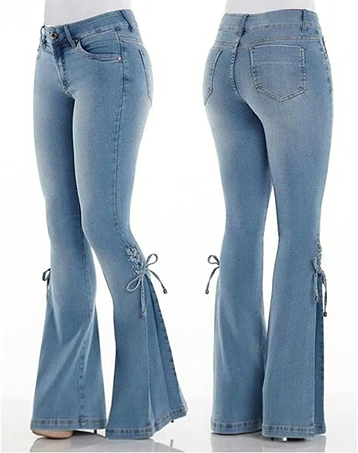Akivide Women's Plus Size Bell Bottom Jeans Stretchy High Waisted Lace Up Flare Denim Pants Skinny Stretch