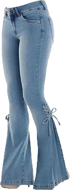 Akivide Women's Plus Size Bell Bottom Jeans Stretchy High Waisted Lace Up Flare Denim Pants Skinny Stretch