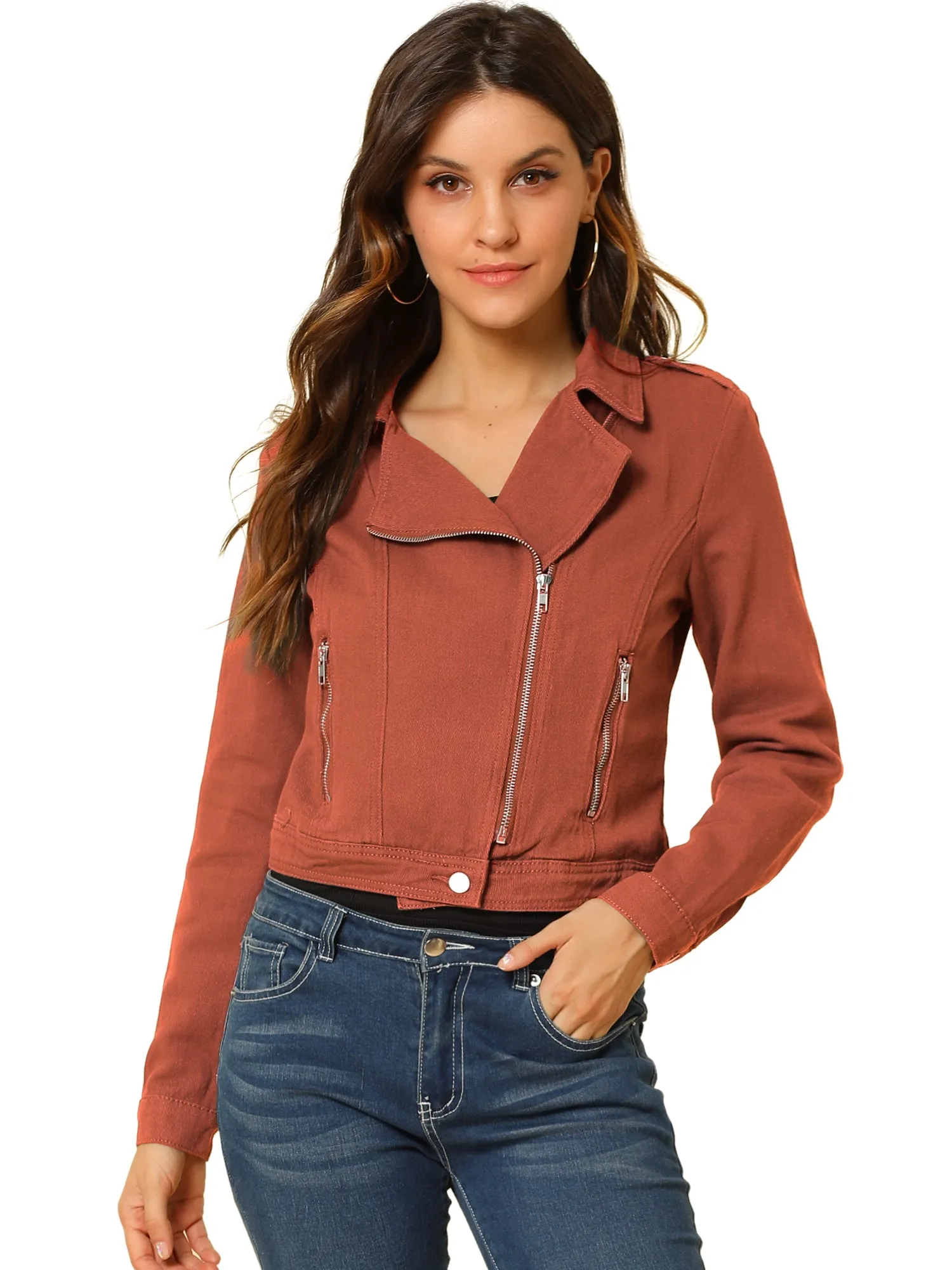 Biker Notched Lapel Asymmetric Zip Moto Denim Jackets