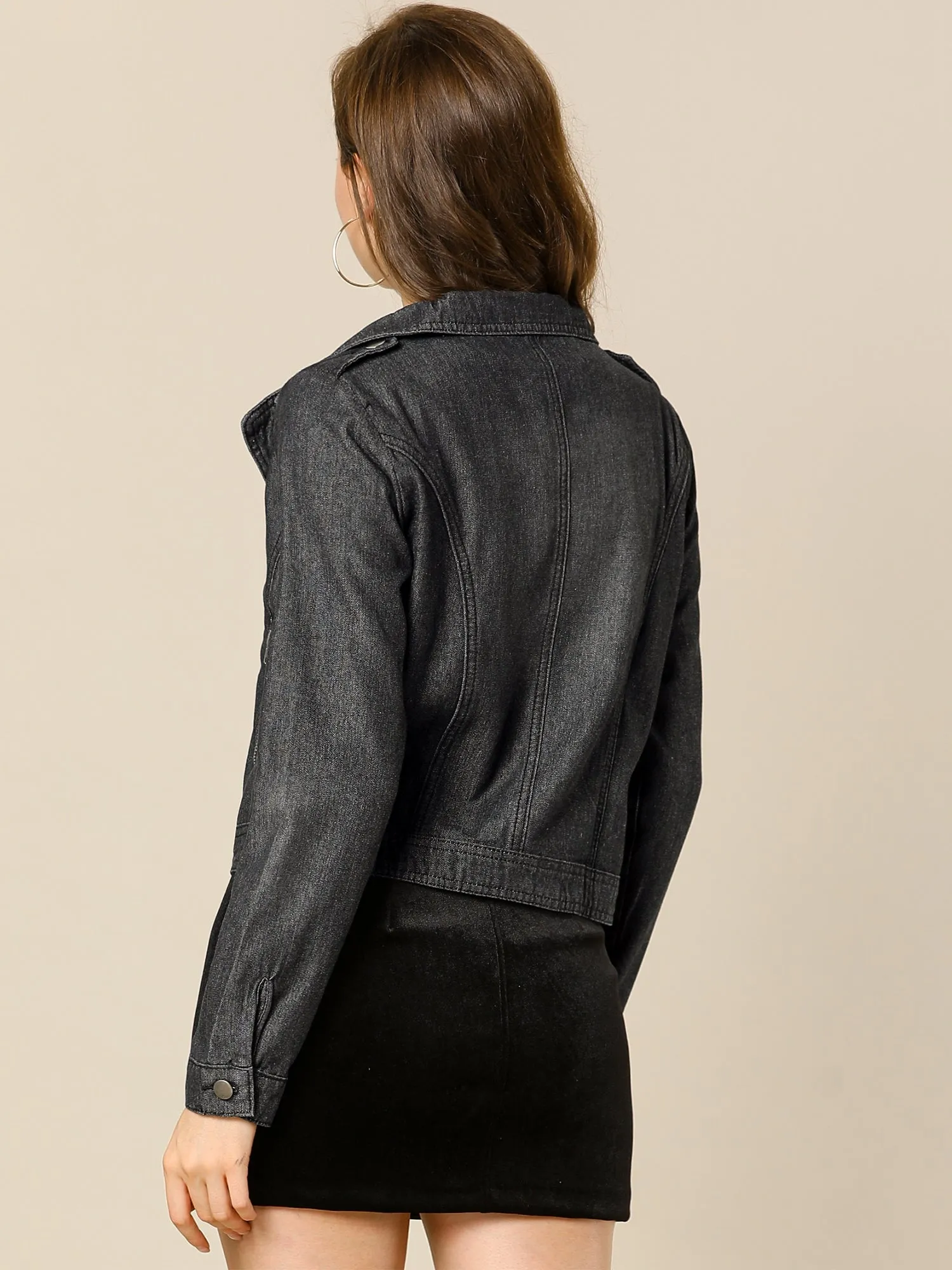 Biker Notched Lapel Asymmetric Zip Moto Denim Jackets
