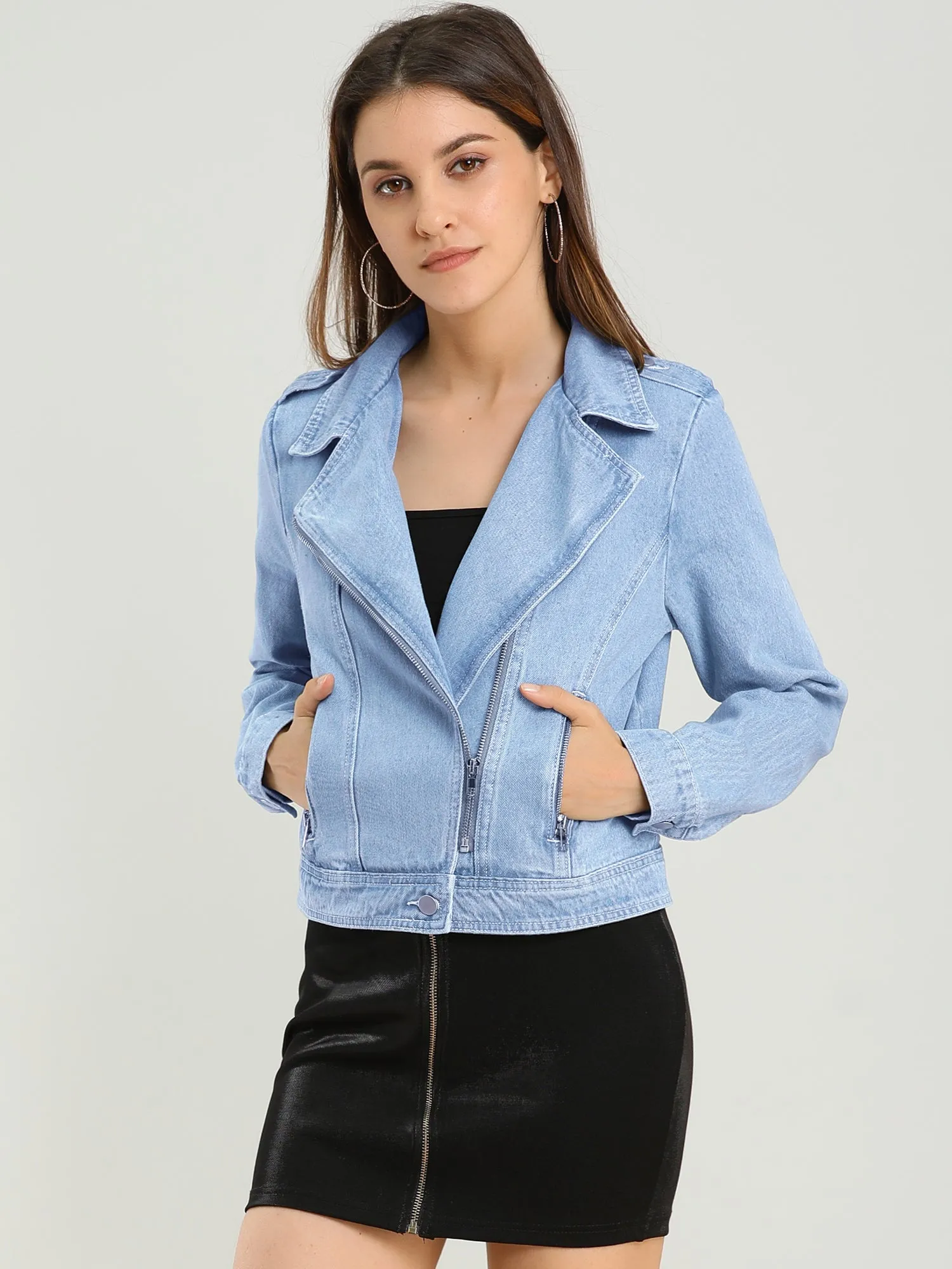 Biker Notched Lapel Asymmetric Zip Moto Denim Jackets