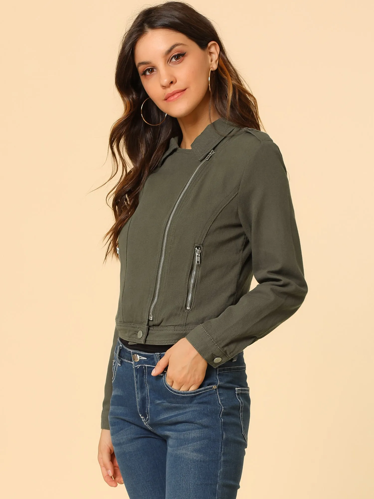 Biker Notched Lapel Asymmetric Zip Moto Denim Jackets