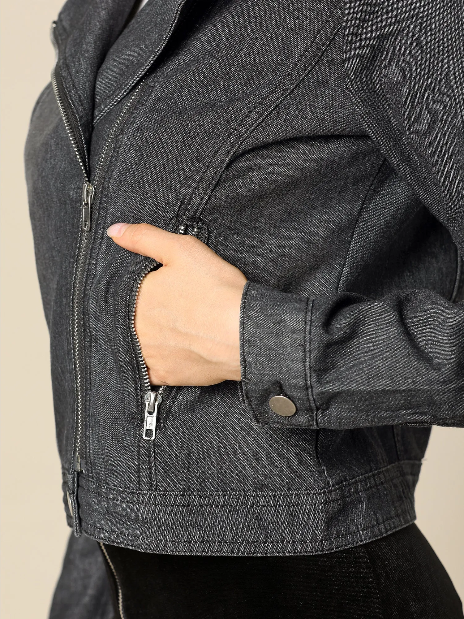 Biker Notched Lapel Asymmetric Zip Moto Denim Jackets