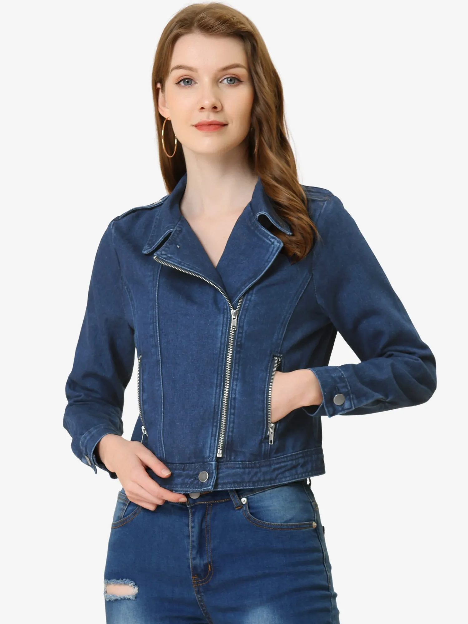 Biker Notched Lapel Asymmetric Zip Moto Denim Jackets