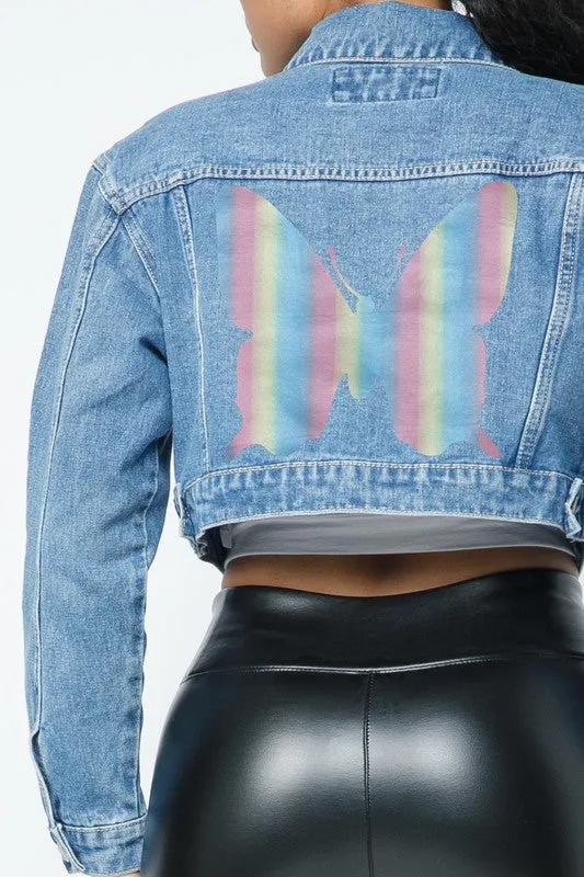 CROP DENIM JACKET W RAINBOW BUTTERFLY BACK DETAIL