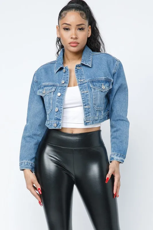CROP DENIM JACKET W RAINBOW BUTTERFLY BACK DETAIL