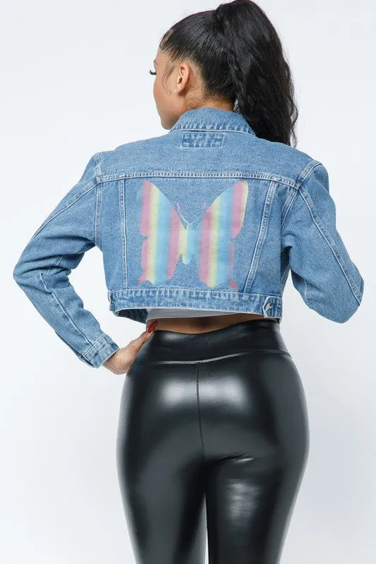 CROP DENIM JACKET W RAINBOW BUTTERFLY BACK DETAIL