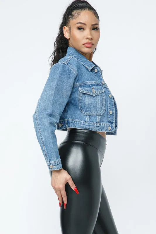 CROP DENIM JACKET W RAINBOW BUTTERFLY BACK DETAIL