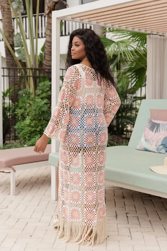 Daydreaming Away Ivory and Pink Crochet Fringe Hem Long Cardigan FINAL SALE