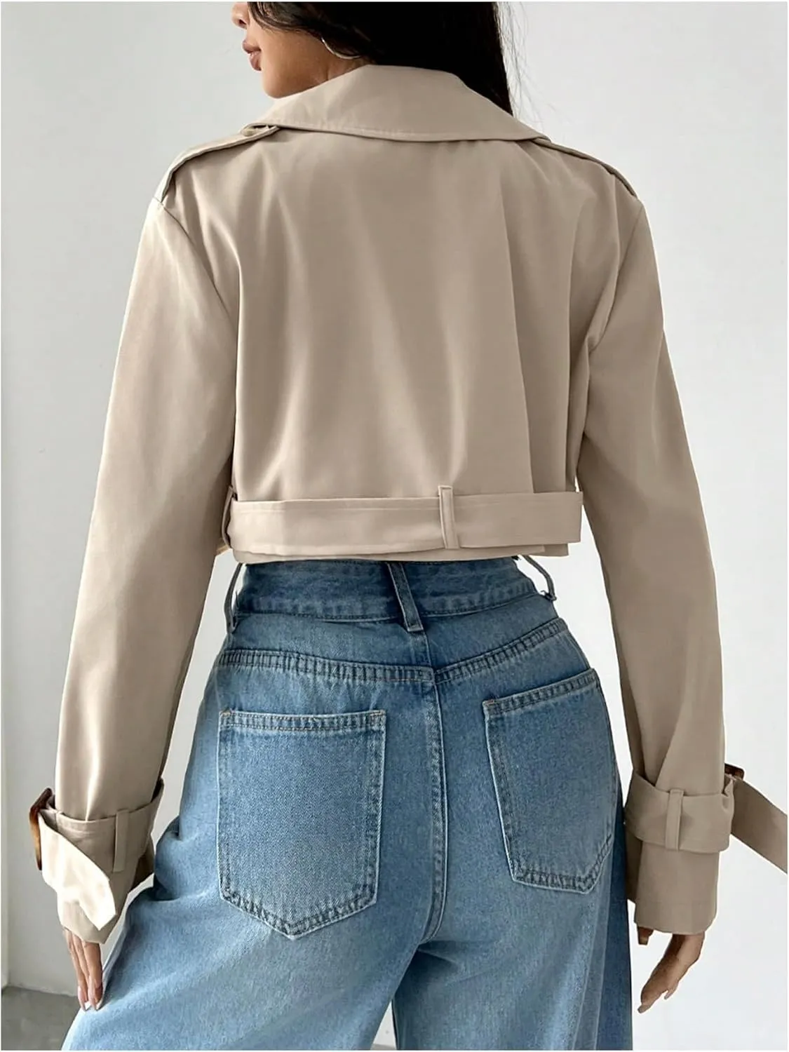 GORGLITTER Women's Crop Trench Coat Jacket Long Sleeve Double Breasted Overcoat