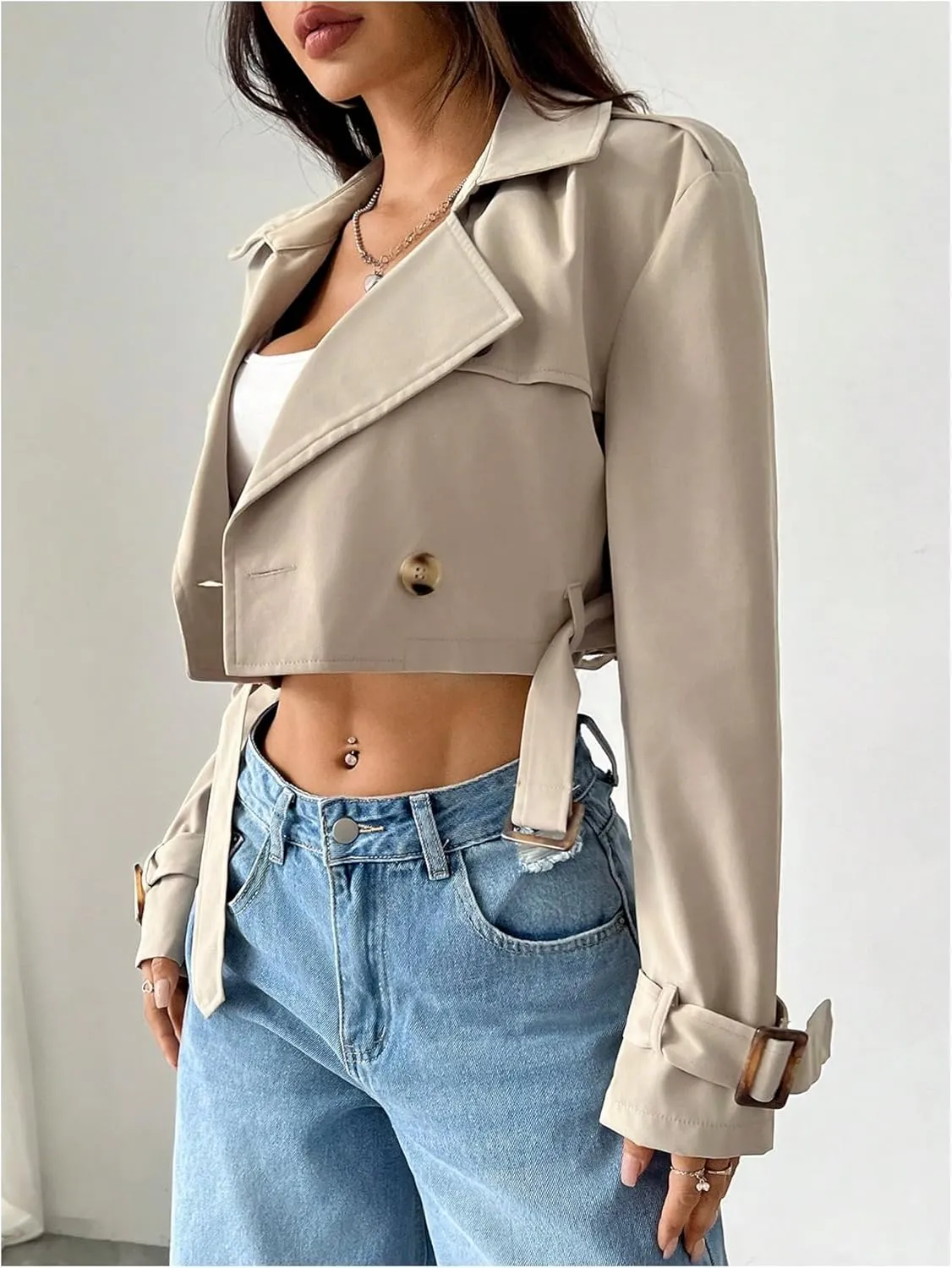 GORGLITTER Women's Crop Trench Coat Jacket Long Sleeve Double Breasted Overcoat