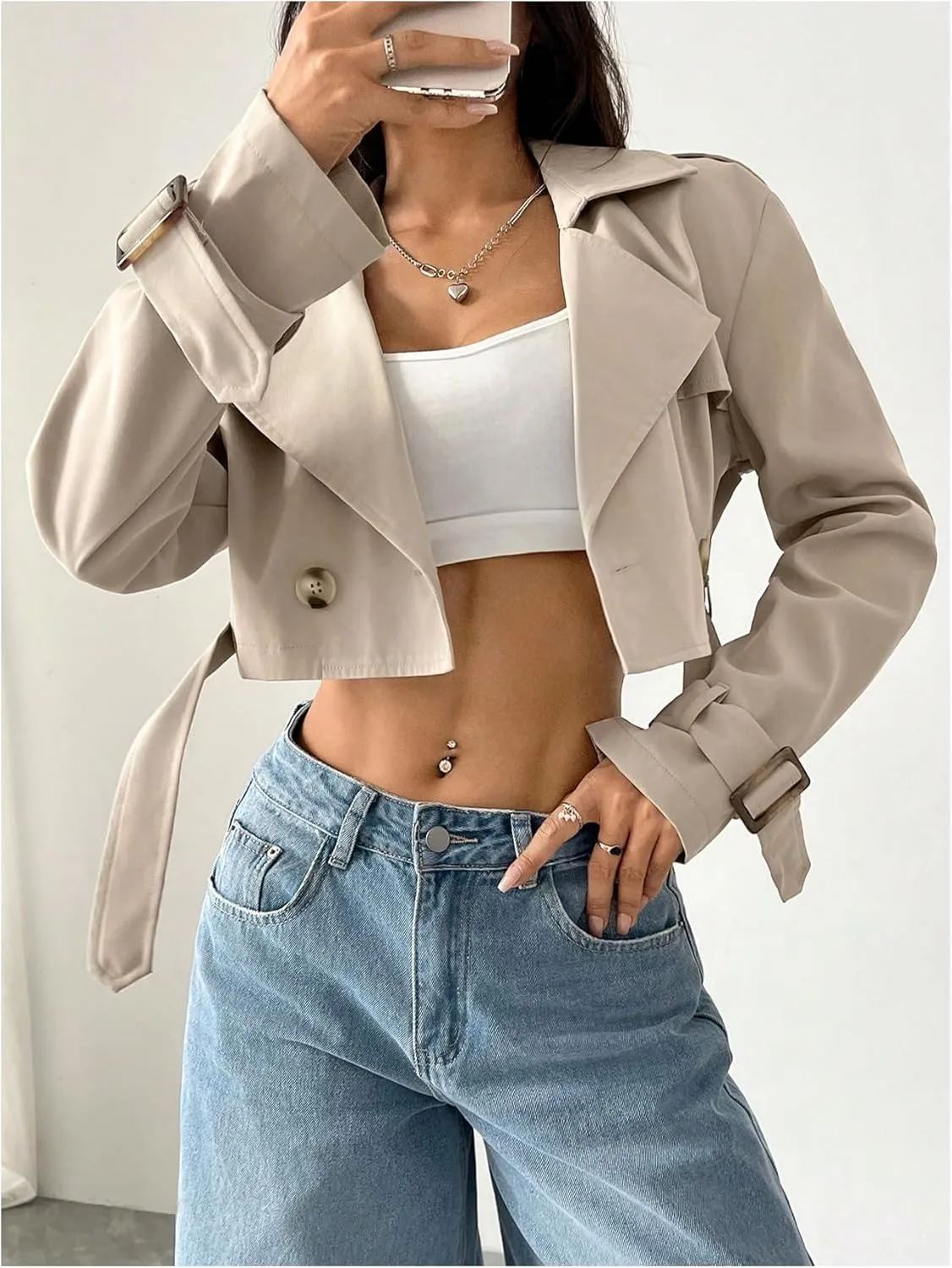 GORGLITTER Women's Crop Trench Coat Jacket Long Sleeve Double Breasted Overcoat