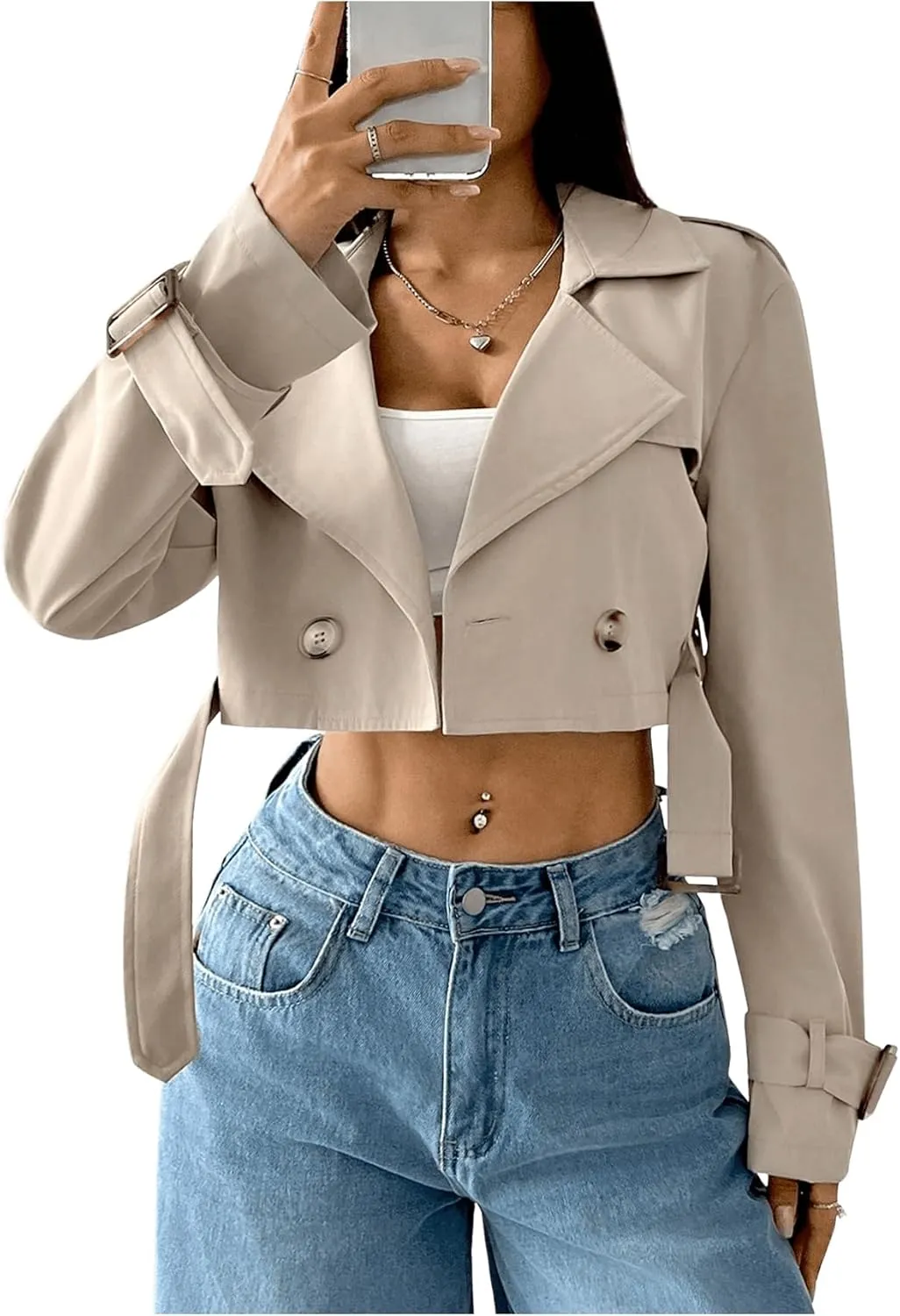 GORGLITTER Women's Crop Trench Coat Jacket Long Sleeve Double Breasted Overcoat