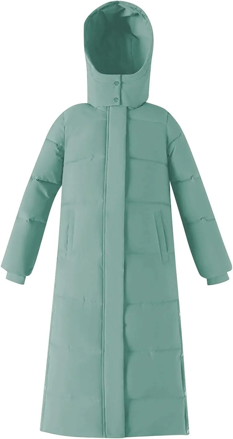 HGps8w Women's Winter Long Thickened Down Coat Slit Side Quilted Puffer Jacket Insulated Parkas Hooded Outerwear with Pockets