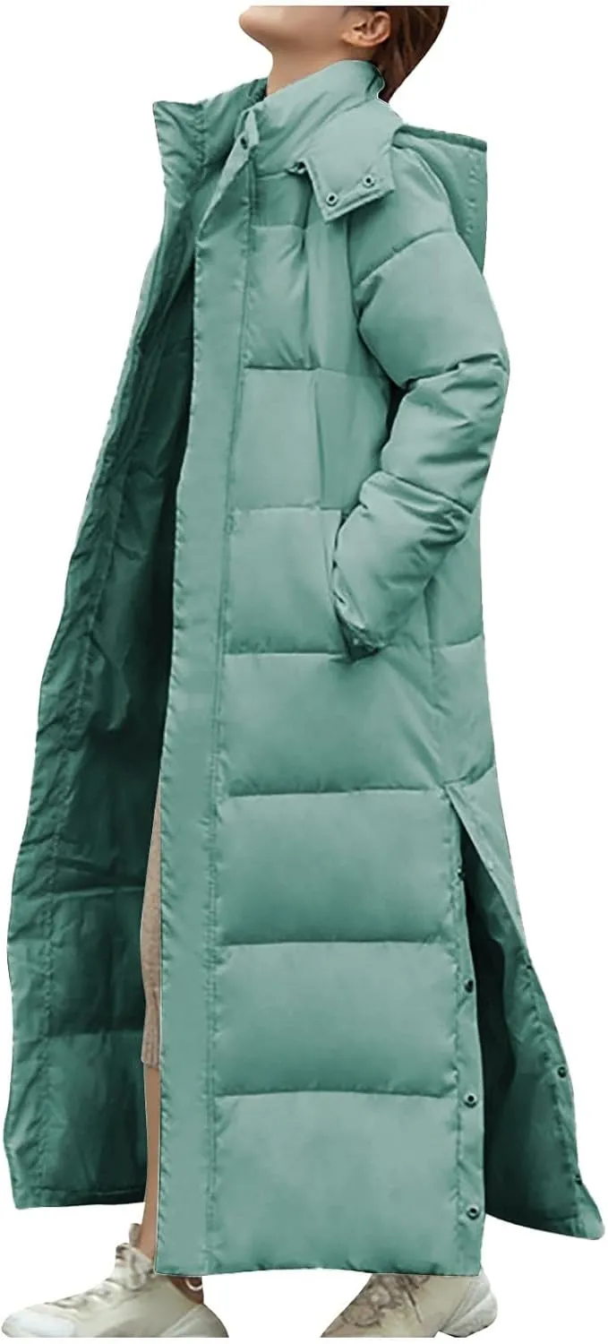 HGps8w Women's Winter Long Thickened Down Coat Slit Side Quilted Puffer Jacket Insulated Parkas Hooded Outerwear with Pockets