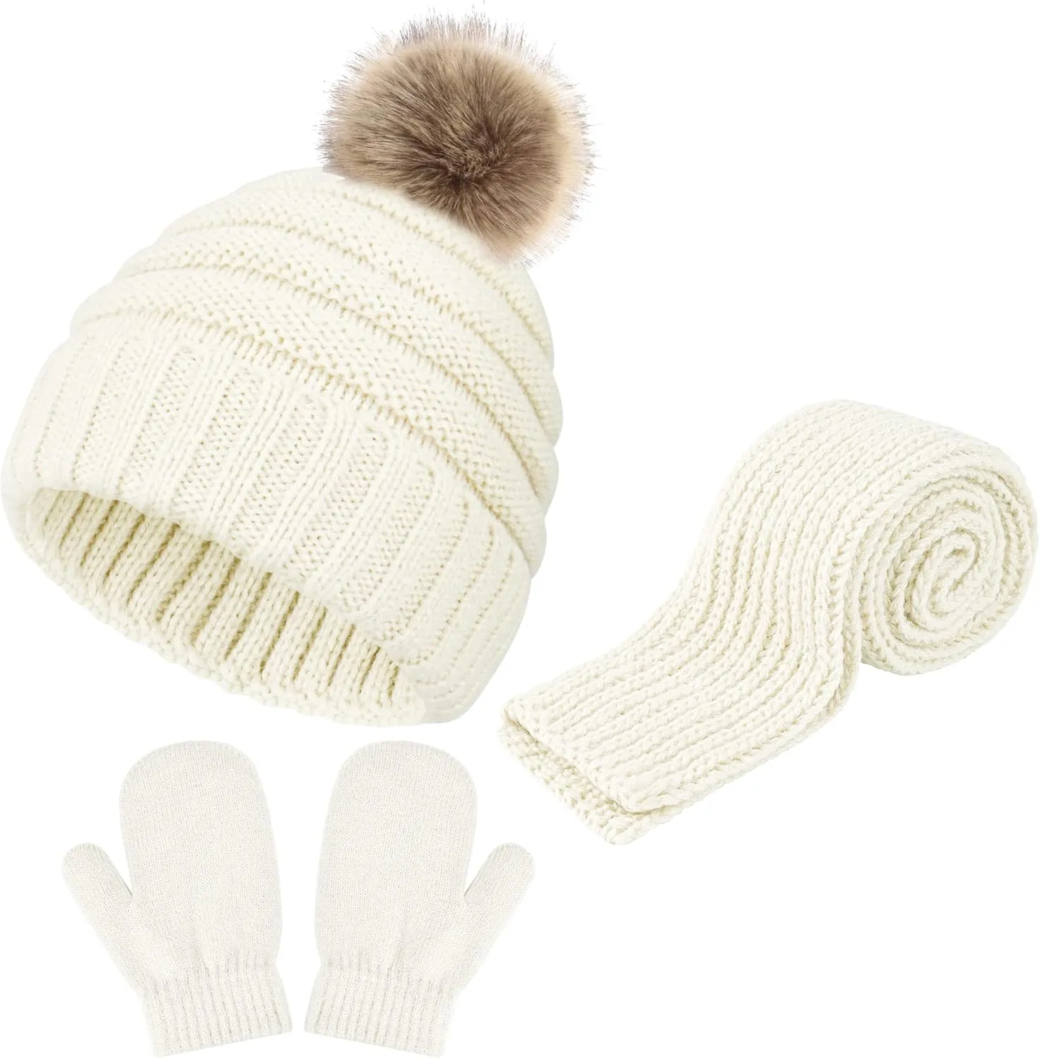 Hicdaw Kids Winter Hats Gloves Scarf Set Baby Mittens Gloves with Pompom Baby Winter Hat Toddler Beanie Hat for Boy Girl
