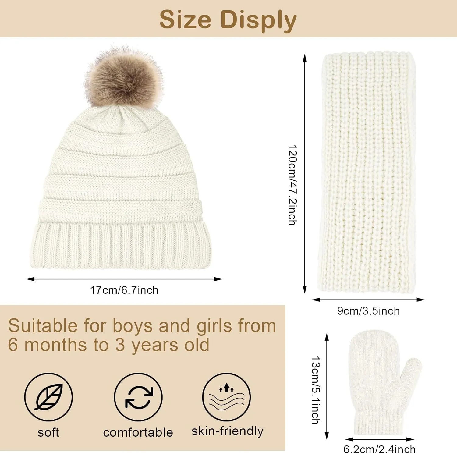 Hicdaw Kids Winter Hats Gloves Scarf Set Baby Mittens Gloves with Pompom Baby Winter Hat Toddler Beanie Hat for Boy Girl