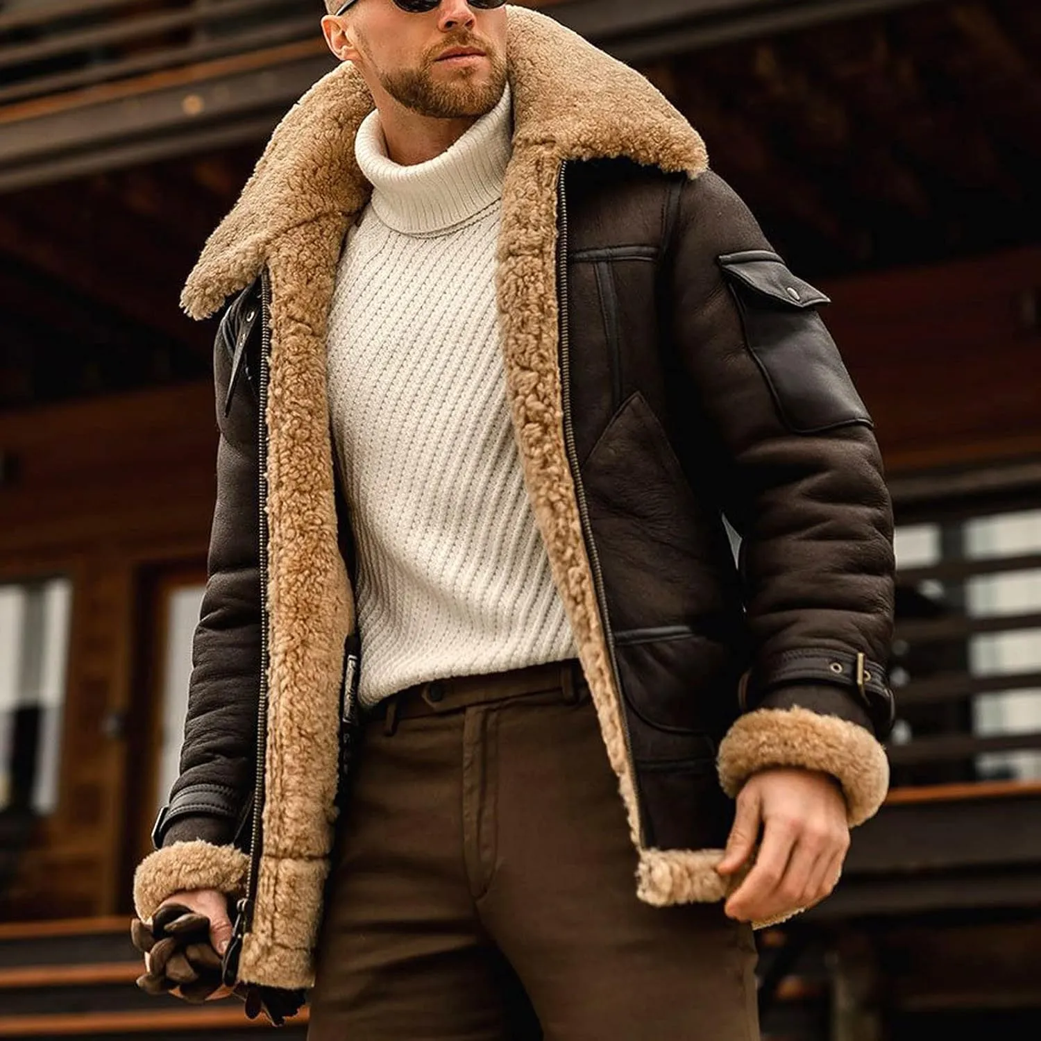 hlysgo Men's Winter Jacket Fleece Sherpa Lined Jacket Faux Suede Warm Coat Shearling Bomber Jacket with Multi Pocket