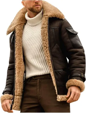 hlysgo Men's Winter Jacket Fleece Sherpa Lined Jacket Faux Suede Warm Coat Shearling Bomber Jacket with Multi Pocket