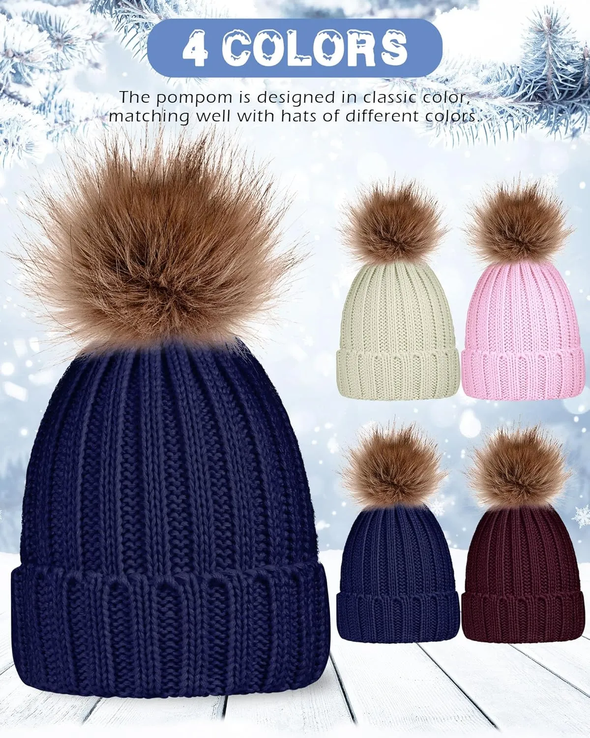 JaGely 8 Pcs Winter Women Knit Beanie Hat Glove Set Warm Knitted Skull Cap with Faux Fur Pom Ski Beanie Touchscreen Gloves