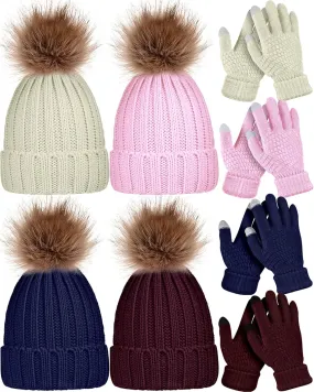 JaGely 8 Pcs Winter Women Knit Beanie Hat Glove Set Warm Knitted Skull Cap with Faux Fur Pom Ski Beanie Touchscreen Gloves
