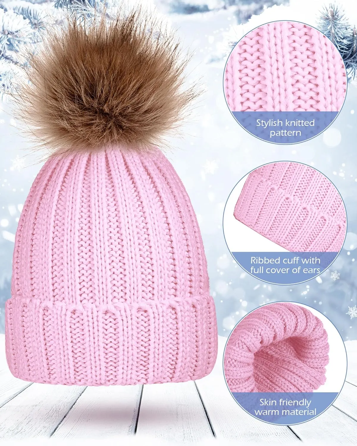 JaGely 8 Pcs Winter Women Knit Beanie Hat Glove Set Warm Knitted Skull Cap with Faux Fur Pom Ski Beanie Touchscreen Gloves