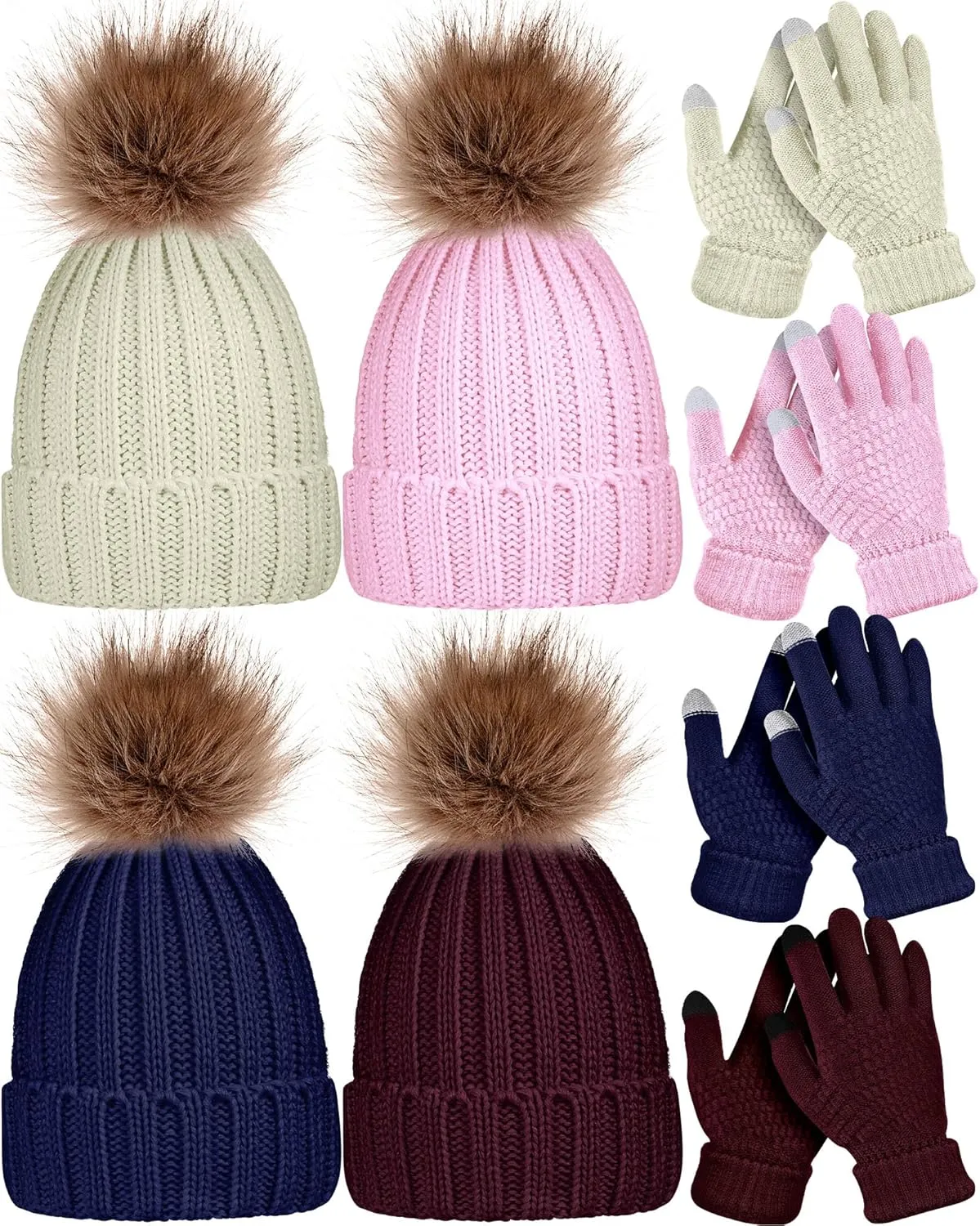 JaGely 8 Pcs Winter Women Knit Beanie Hat Glove Set Warm Knitted Skull Cap with Faux Fur Pom Ski Beanie Touchscreen Gloves