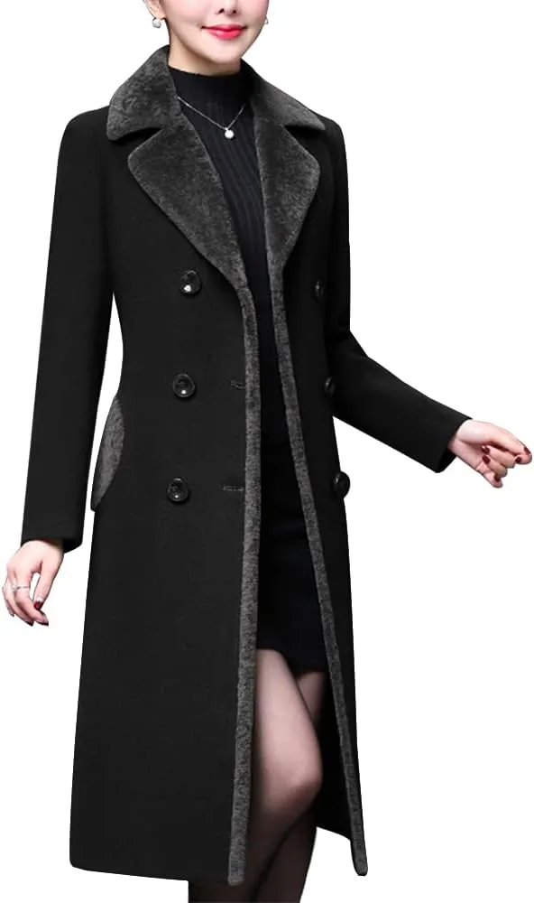 Kinghua Womens Winter Long Wool Coat Double Breasted Wool Peacoat Jackets with Fur Collar