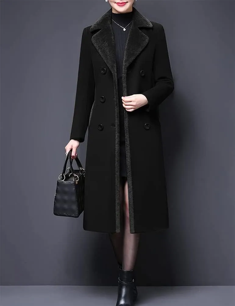 Kinghua Womens Winter Long Wool Coat Double Breasted Wool Peacoat Jackets with Fur Collar