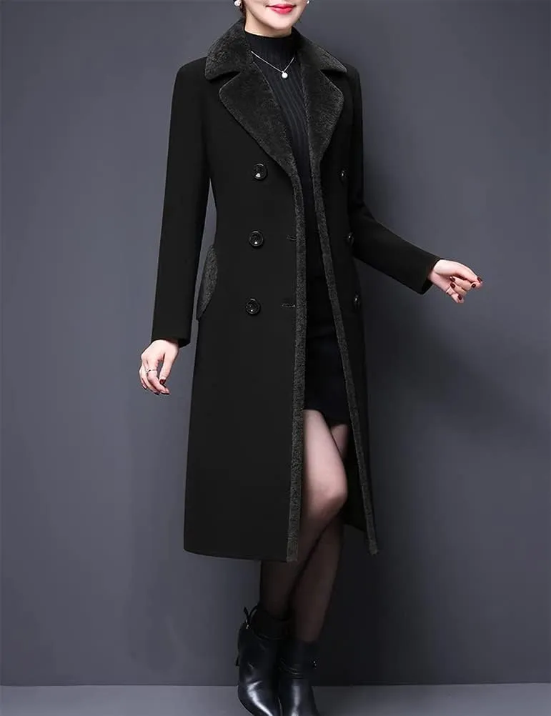 Kinghua Womens Winter Long Wool Coat Double Breasted Wool Peacoat Jackets with Fur Collar