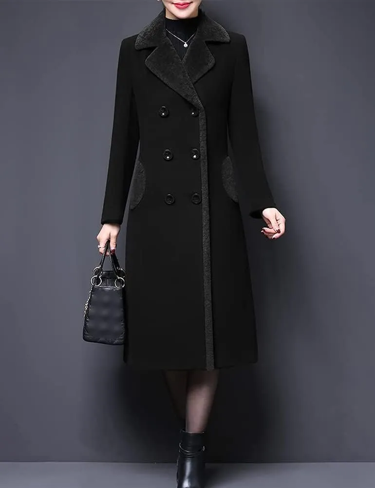 Kinghua Womens Winter Long Wool Coat Double Breasted Wool Peacoat Jackets with Fur Collar