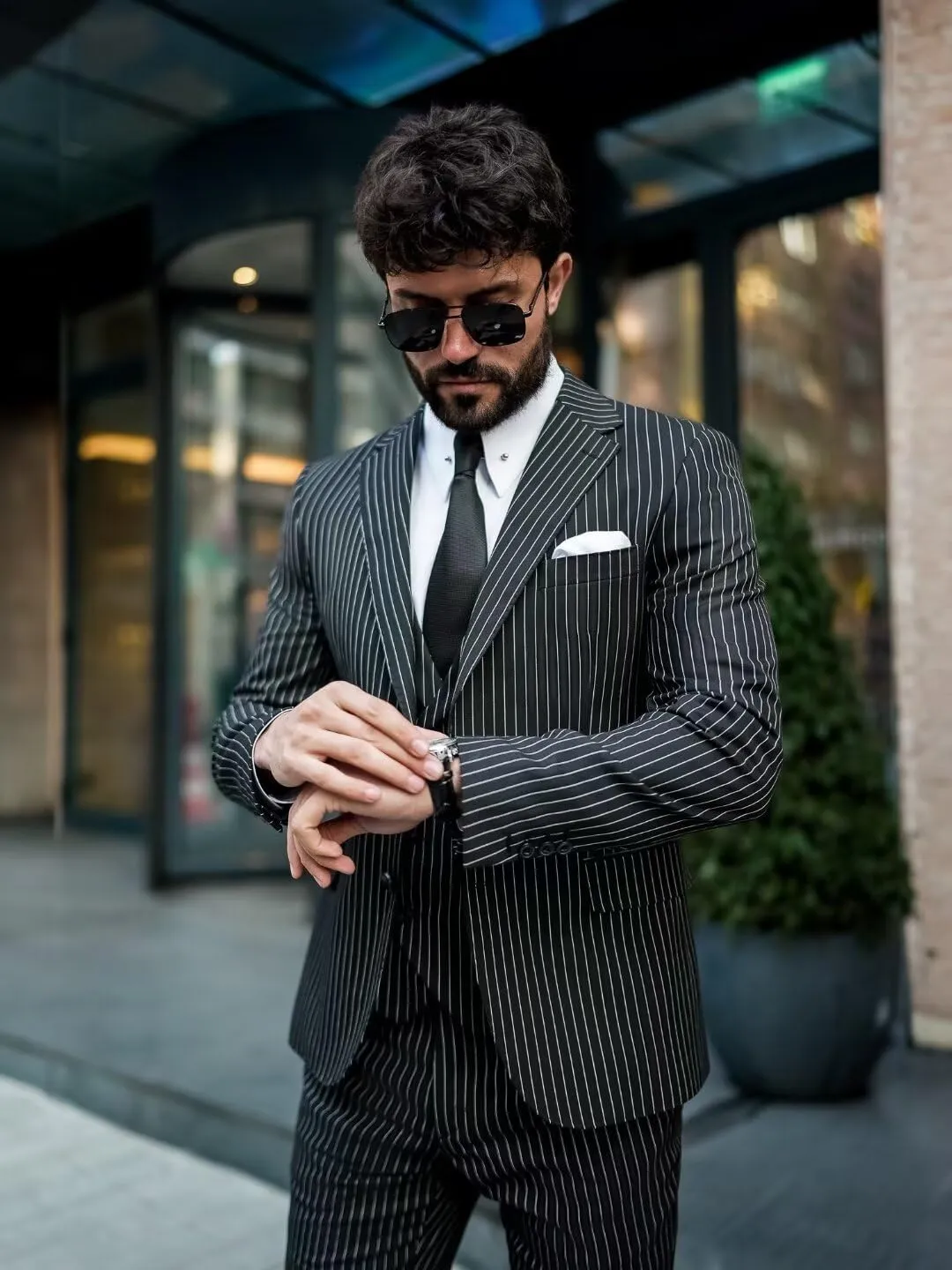 Men 3 Piece Pinstripe Suit Double Breasted Suit Vest Notched Lapel Wedding Party Blazer Vest & Pants Set