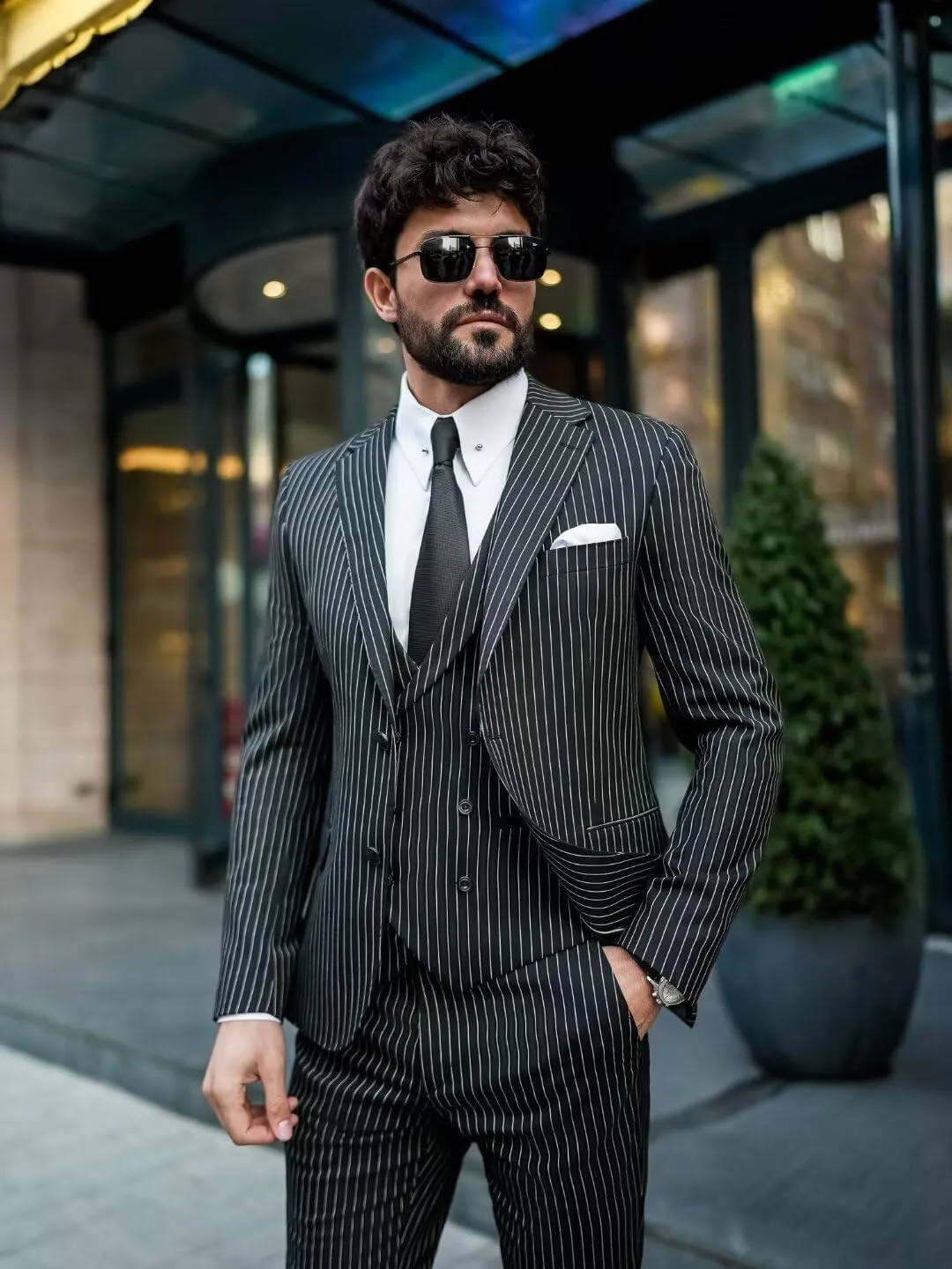 Men 3 Piece Pinstripe Suit Double Breasted Suit Vest Notched Lapel Wedding Party Blazer Vest & Pants Set
