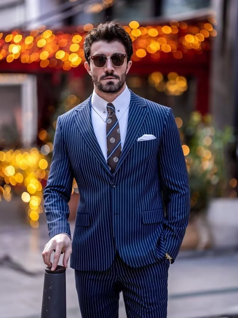 Men 3 Piece Pinstripe Suit Double Breasted Suit Vest Notched Lapel Wedding Party Blazer Vest & Pants Set