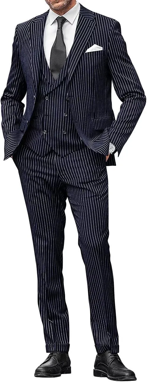 Men 3 Piece Pinstripe Suit Double Breasted Suit Vest Notched Lapel Wedding Party Blazer Vest & Pants Set