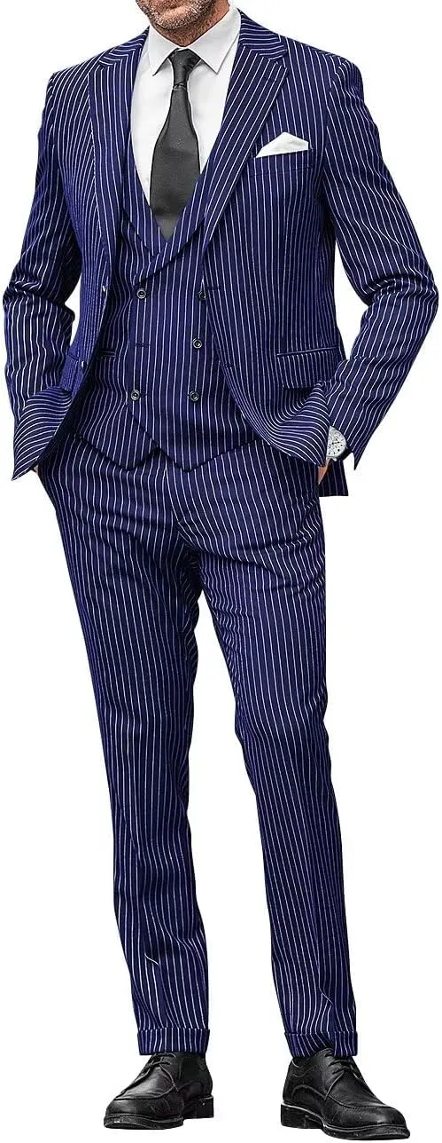 Men 3 Piece Pinstripe Suit Double Breasted Suit Vest Notched Lapel Wedding Party Blazer Vest & Pants Set