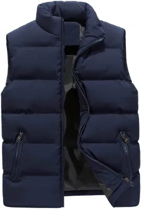 Men Puffer Vest Autumn and Winter Fashion Casual Solid Color Zipper Collar Sleeveless Cotton Padded Vest Jacket Pockets