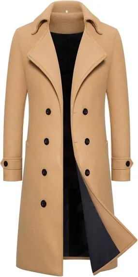 Men's Double-Breasted Wool Pea Coat Winter Business Overcoat Regular Fit Trench Jacket