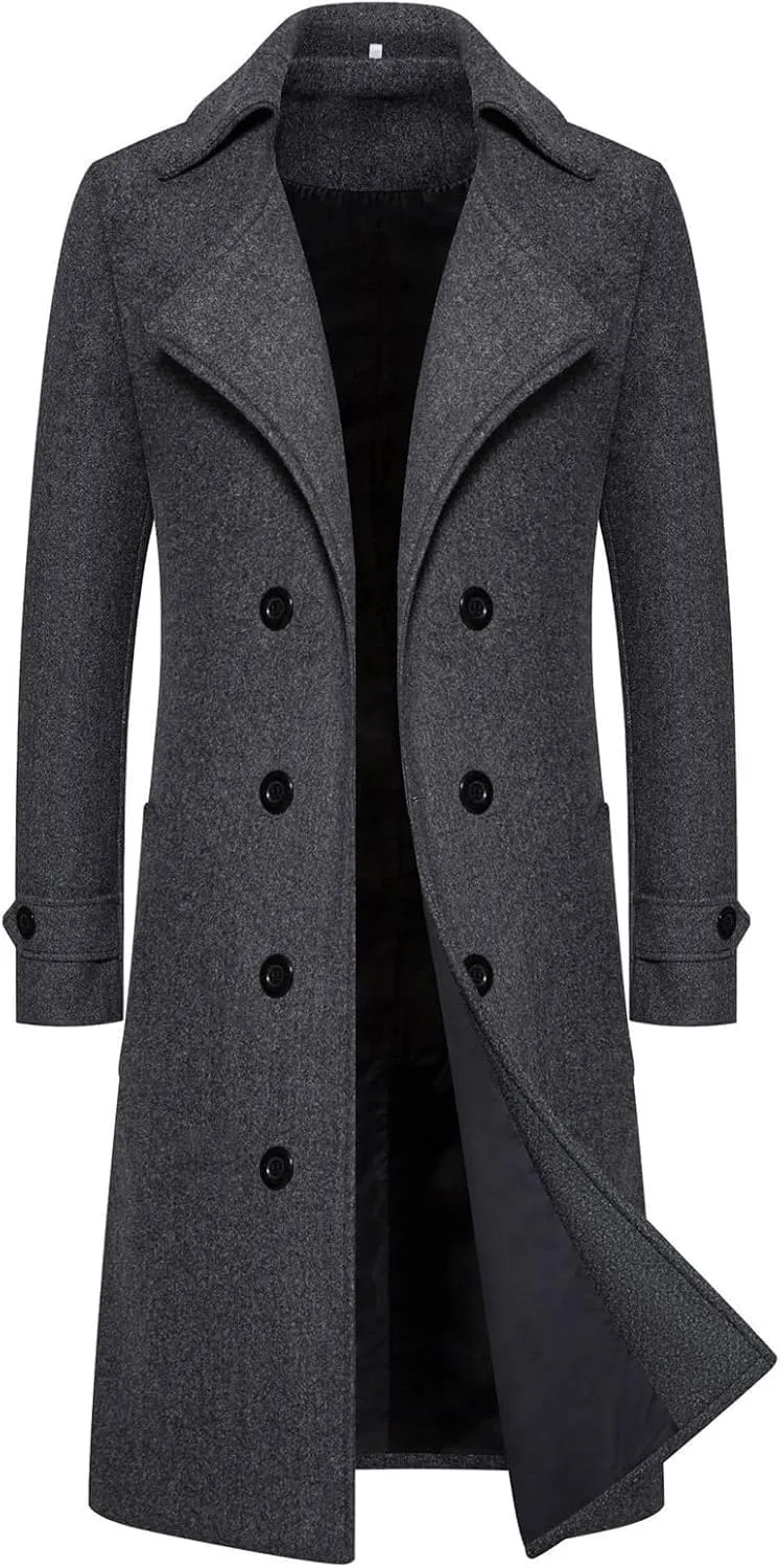 Men's Double-Breasted Wool Pea Coat Winter Business Overcoat Regular Fit Trench Jacket