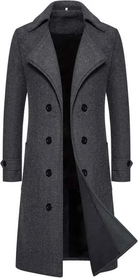 Men's Double-Breasted Wool Pea Coat Winter Business Overcoat Regular Fit Trench Jacket
