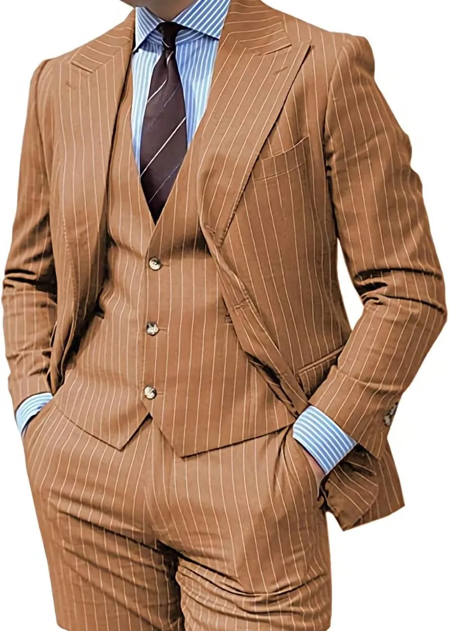 Men's Pinstripe Suit 3 Piece Slim Fit Lapel Stripe Blazer Vest Pant for Business Wedding